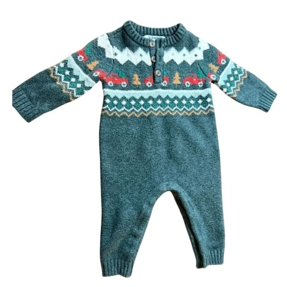 Old Navy Baby Fair Isle Knit Christmas Truck Coverall Green 6-12M Soft Christmas